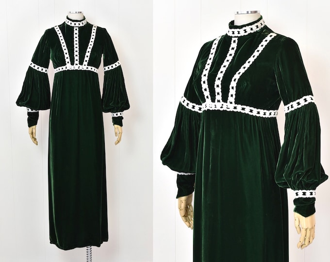 Vintage 60s Green Velvet Off White Maxi Gown Dress