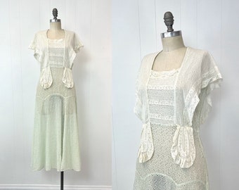 1930s Mint Green Lace Sheer Cotton Eyelet Flapper Art Deco Maxi Dress Gown