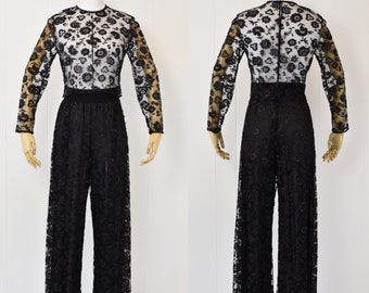 1970s Black Lace Sequined Two Piece Set