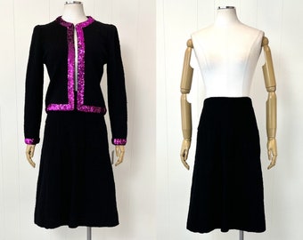 NOS 1980s Adolfo Black Purple Sequin Two Piece Jacket & Skirt Suit Set