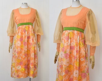 1970s Floral Orange Chiffon Balloon Sleeve Party Maxi Dress Gown
