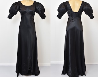 1930s/1940s Black Satin Puff Sleeve Gown
