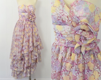 1980s Floral Frank Usher Tiered Dress