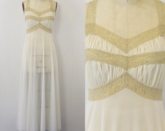 1950s White Nylon & Ecru Lace Nightgown