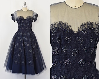 1950s Midnight Blue Sequin Tulle Party Dress