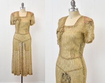 1940s Lace Sheer Floral Beige Tan Pinup Petite Dress