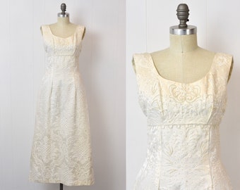 1960s White Brocade Beaded Bridal Party Dress Gown