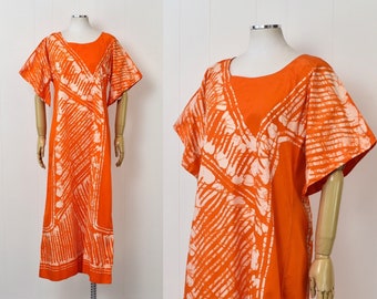 1970s Orange Batik Boho Hippie Caftan Maxi Dress