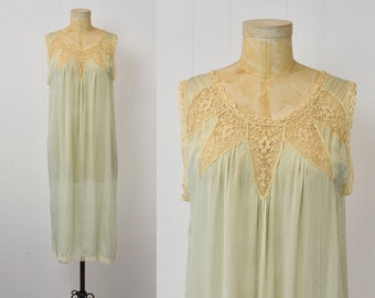 1920s Green Ecru Lace Silk Flapper Boudoir Lingerie Nightgown Dress