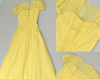 1940s Yellow Chiffon Sweetheart Neckline Party Dress Gown