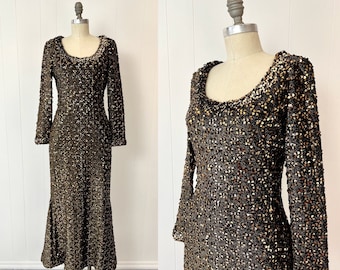 1960s Lilli Diamond Gold Black Sequin Metallic Bombshell Mermaid Gown