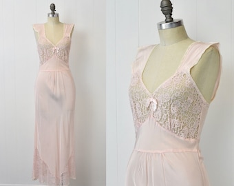 1940s Pink Lace Bow Floral Nightgown Gown Maxi Dress As Is