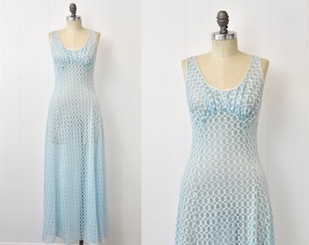 1960s/1970s Val Mode Blue Sheer Nylon Circle Chain Pattern Nightgown Boudoir Lingerie Slip Dress