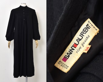 1980s Yves Saint Laurent Rive Gauche Black Wool Long Sleeve Maxi Dress Gown