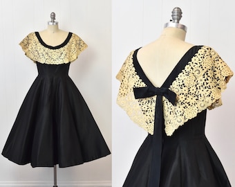 1950s Suzy Perette Black Floral Crochet Lace Pinup Party Dress