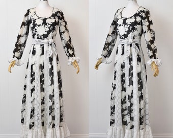 1970s Black & White Floral Lace Prairie Maxi Dress