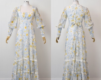 1970s Gunne Sax Jessica McClintock Floral Print Blue Yellow Lace Prairie Boho Maxi Dress