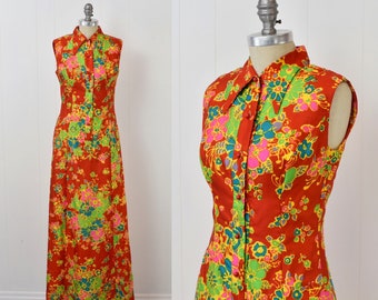 1960s Red Psychedelic Floral Flower Power Keram New York Maxi Dress Gown