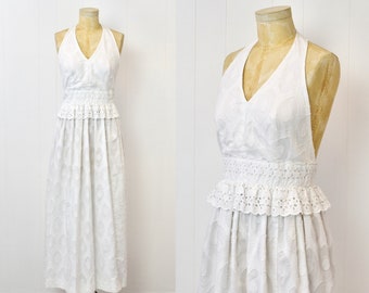 1970s White Eyelet Halter Vicky Vaughn Boho Hippie Bridal Wedding Maxi Dress Gown