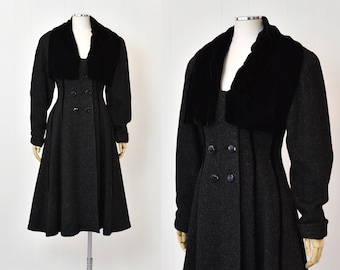 1950s Princess Coat Lilli Ann Style Jacket Black Gray Wool Velvet