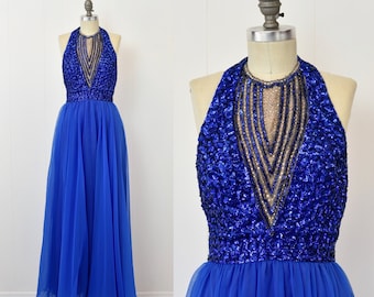 1960s Blue Chiffon Rhinestone Sequin Illusion Halter Party Gown Dress