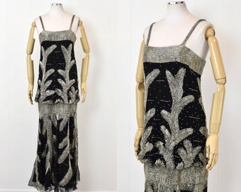 RARE 1980s does 1920s Carlota Alfaro Black Silver Beaded Flapper Style Party Dress Gown