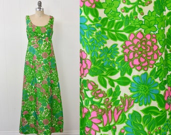 1960s Psychedelic Floral Green Pink Empire Waist Lord & Taylor Maxi Dress Gown