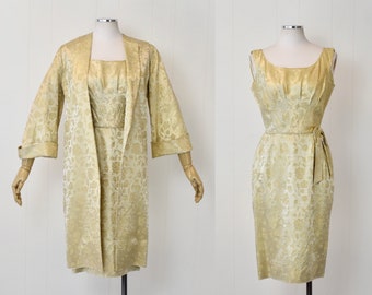 1950s Gold Metallic Floral Brocade Dress & Jacket Set