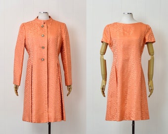 NOS 1960s Malcolm Starr Coral Light Orange Brocade Dress & Jacket Two Piece Set