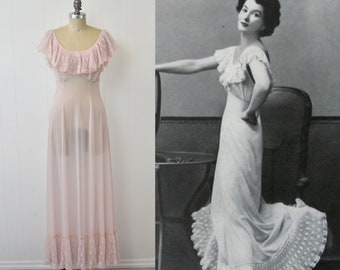 1953 Van Raalte Pink Floral Lace Sheer Documented Nightgown Pinup Boudoir Lingerie Dress