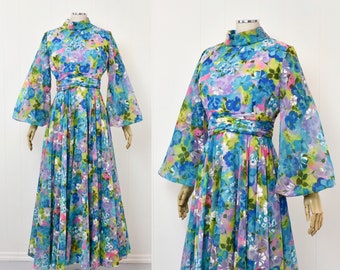 1970s Psychedelic Floral Chiffon Balloon Sleeve Maxi Dress Gown