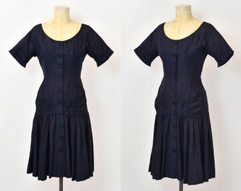 1950s Navy Blue Silk Dropwaist Party Cocktail Mrs. Maisel Pinup Dress