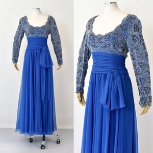 1970s/1980s Victoria Royal Ltd Blue Beaded Rhinestone Chiffon Gown