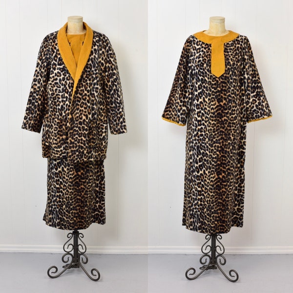 1960s Leopard Print Faux Fur Velvet Maxi Dress Gown & Coat Two Piece Set Volup