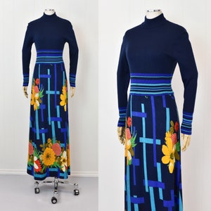 1970s Saks Fifth Avenue Blue Psychedelic Floral Print Boho Long Sleeve Maxi Dress Gown