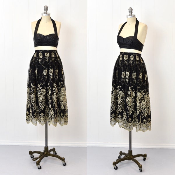 1980s Black Metallic Floral Tulle Charles Glueck New York Maxi Party Skirt