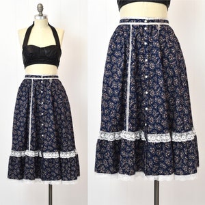 1970s Gunne Sax Jessica McClintock Gunnies Blue Floral Cottage Core Prairie Boho Lace Skirt