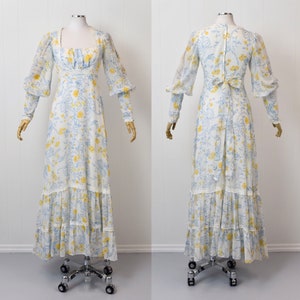 1970s Gunne Sax Jessica McClintock Floral Print Blue Yellow Lace Prairie Boho Maxi Dress