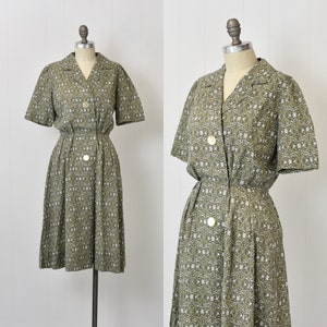 1950s Green & White Floral Abstract Print Cotton Pinup Day Dress