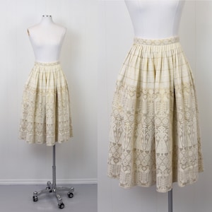 1950s Cream & Gold Metallic Embroidered Guatemalan Folk Novelty Skirt
