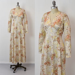 1970s Abstract Floral Yellow Orange Psychedelic Maxi Dress Gown