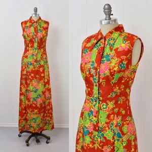 1960s Red Psychedelic Floral Flower Power Keram New York Maxi Dress Gown