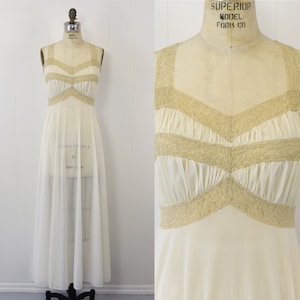 1950s White Nylon & Ecru Lace Nightgown image 1