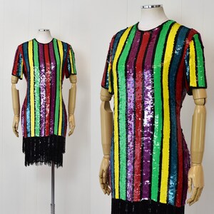 1980s Sequin Striped Beaded Fringe Jas Jas Designs Party Dress