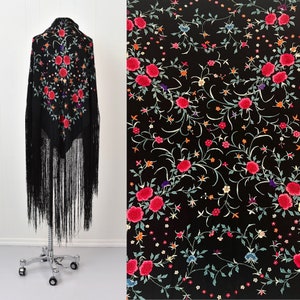 1920s Black Pink Floral Silk Embroidered Fringe Antique Piano Shawl Flapper Art Deco