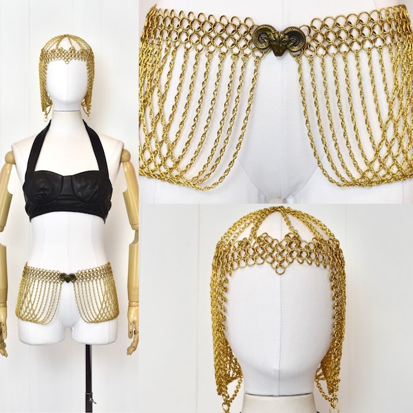 RARE 1970s Chain Metal Fringe Gold Toned Ram Buckle Headpiece & Shimmy Belt Two Piece Set