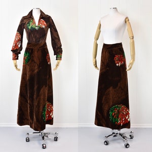 1970s Brown Floral Henry Miller Two Piece Skirt & Blouse Set