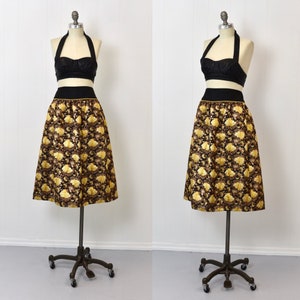 1960s Gold & Black Metallic Floral Brocade Party Skirt