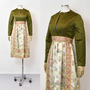 1960s Green Pink Floral Brocade Party Dress