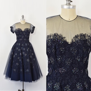 1950s Midnight Blue Sequin Tulle Party Dress